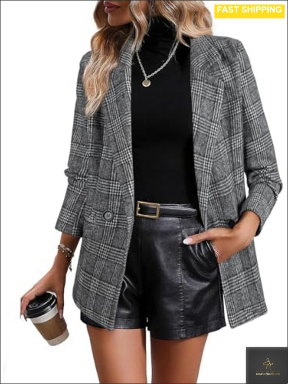 Plaid Blazer Classic Lapel Collar Double Breasted Open Front Work Suit Pockets